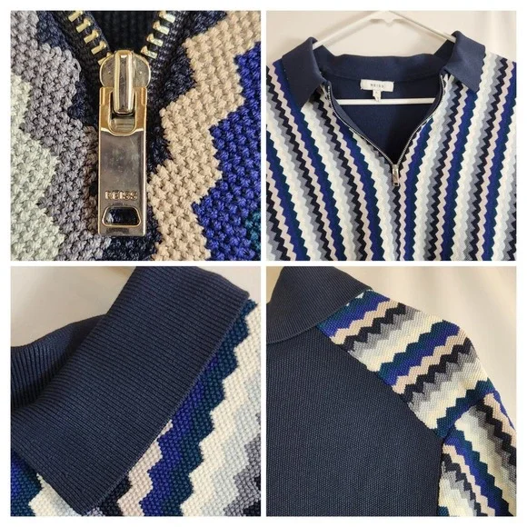 REISS Mens Blanco 1/2 Zip Knit Polo Shirt Blue Geo Print Zig Zag Top Size Large - Picture 6 of 7
